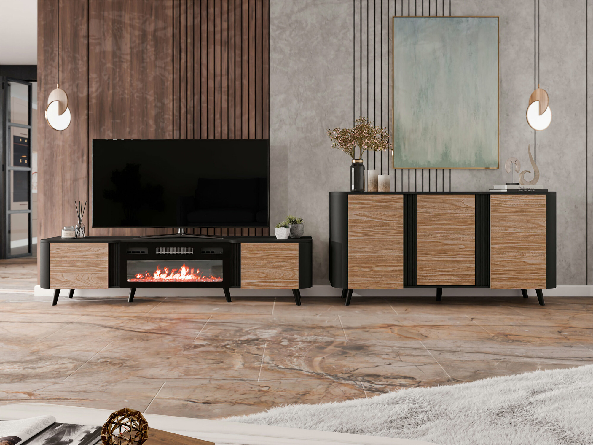 Set za dnevnu sobu Charlotte 204 (Crno + Orah)