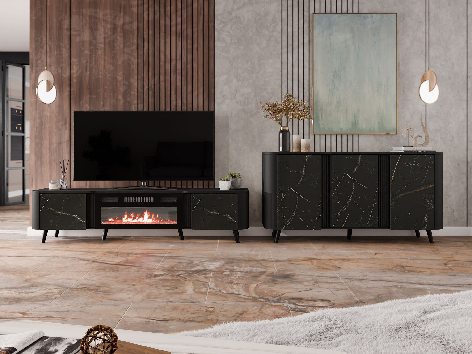 TV sto Charlotte 203 (Crno + Crni mermer)