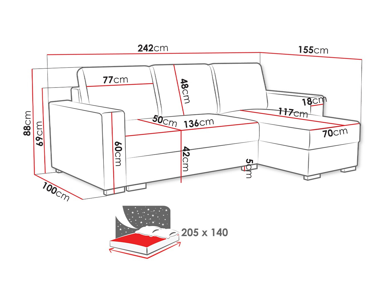 Ugaona sofa Columbus 187 (Neve 77)