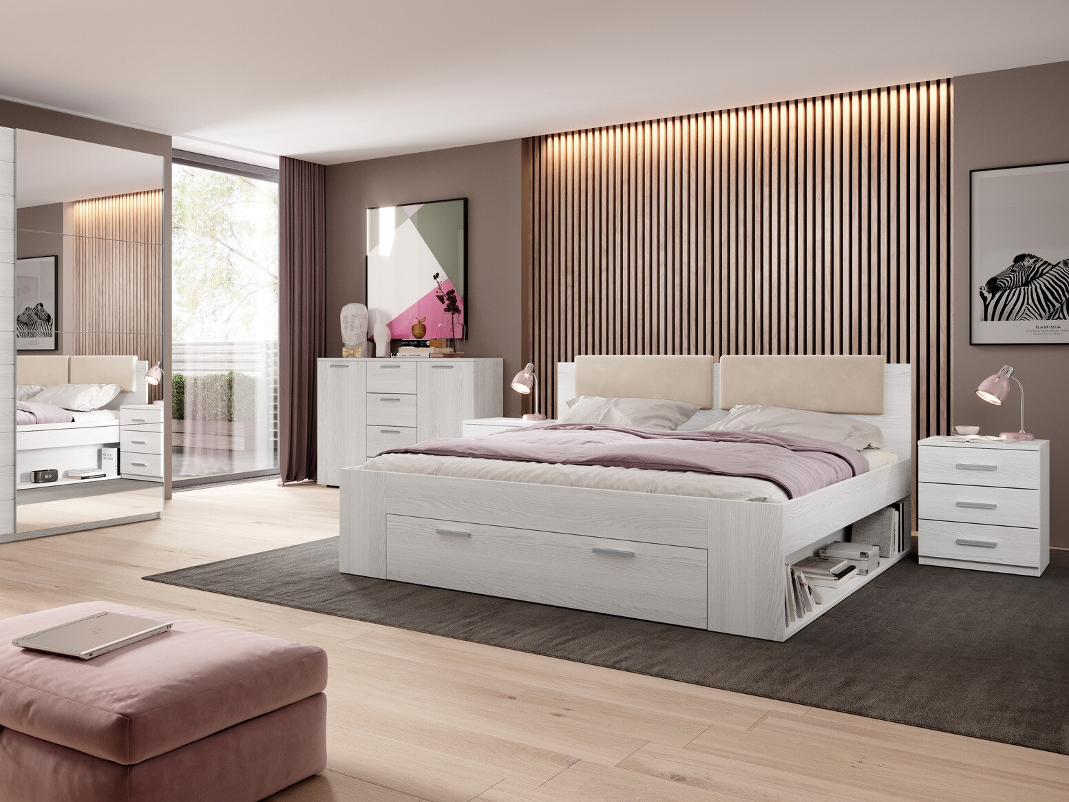 Krevet Levruvu 110 (Beljeni jasen + Bež)