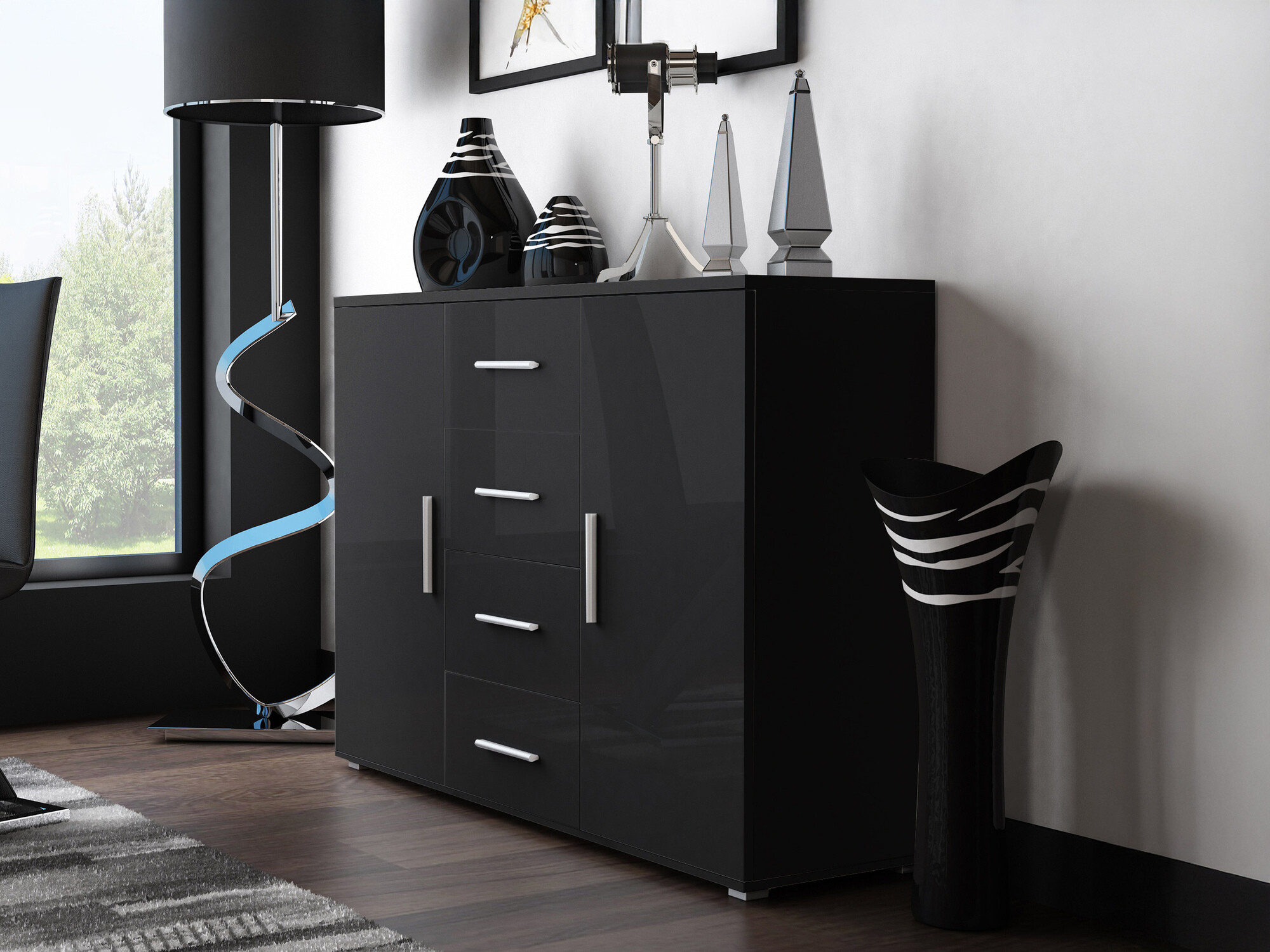 Komoda Charlotte 118 (Crno + Crna visoki sjaj)