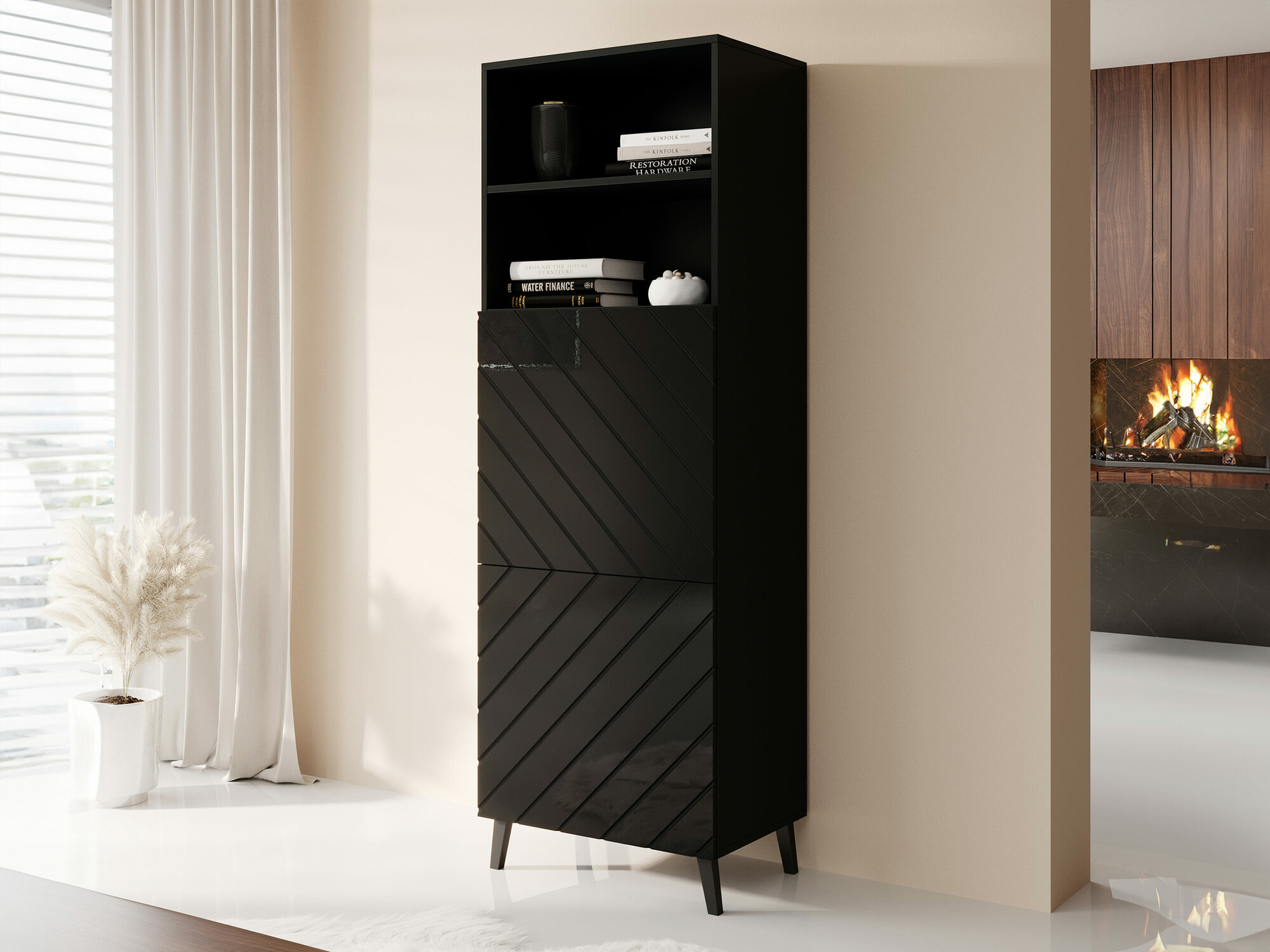 Polica Charlotte 178 (Crno + Sjajno crna)