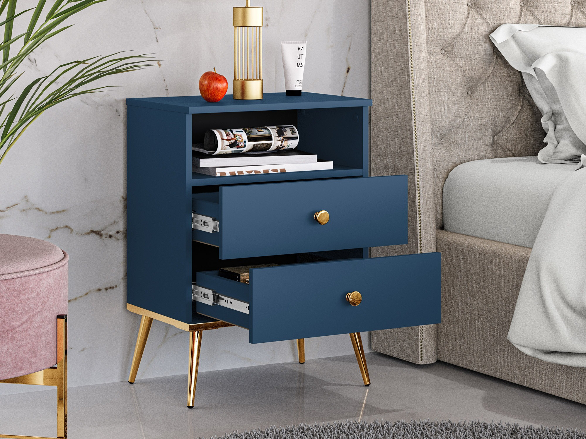 Noćni ormarić Flonovu 111 (Tamno plava + Zlatan)