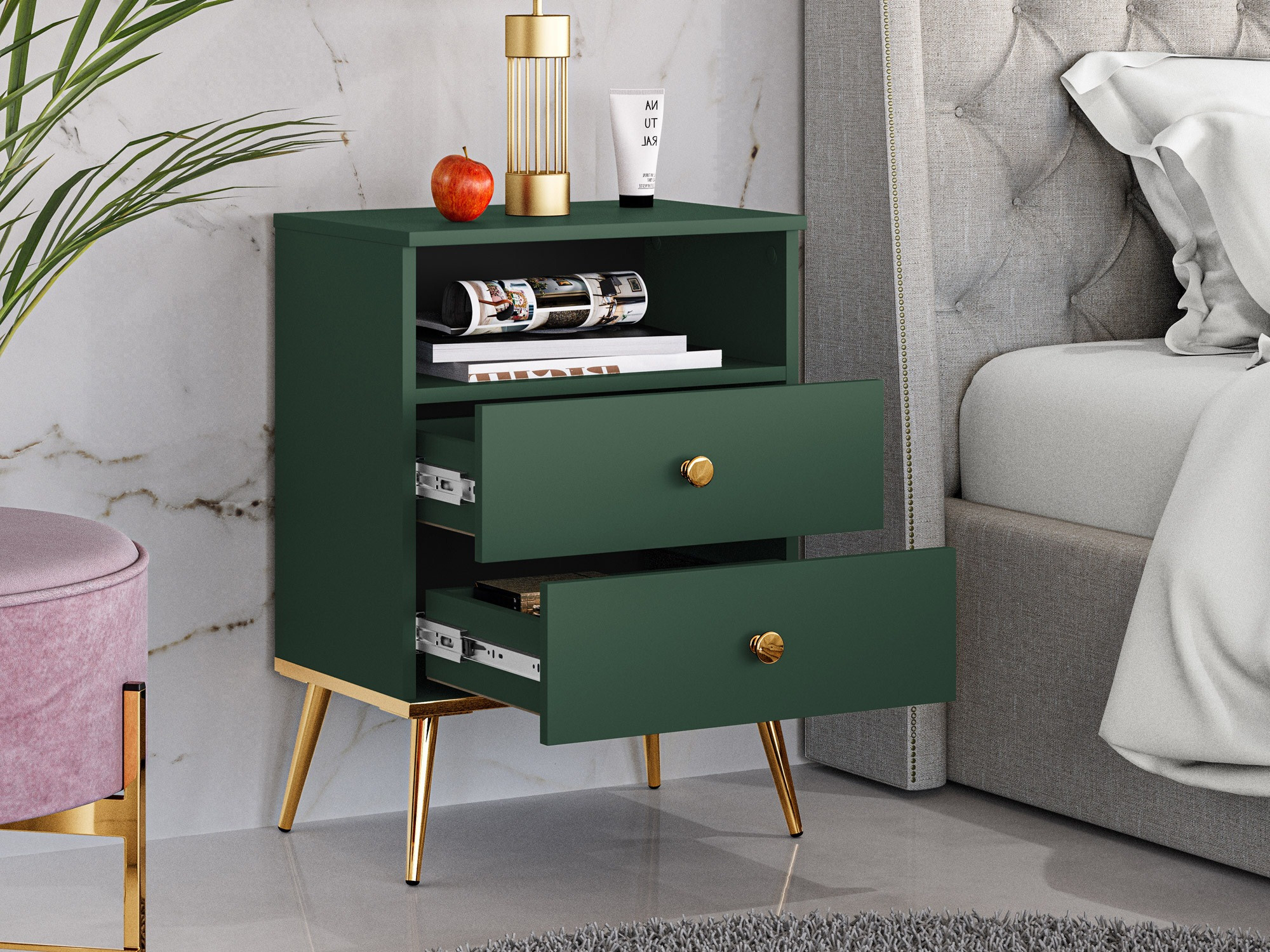 Noćni ormarić Flonovu 111 (Tamno zelena + Zlatan)
