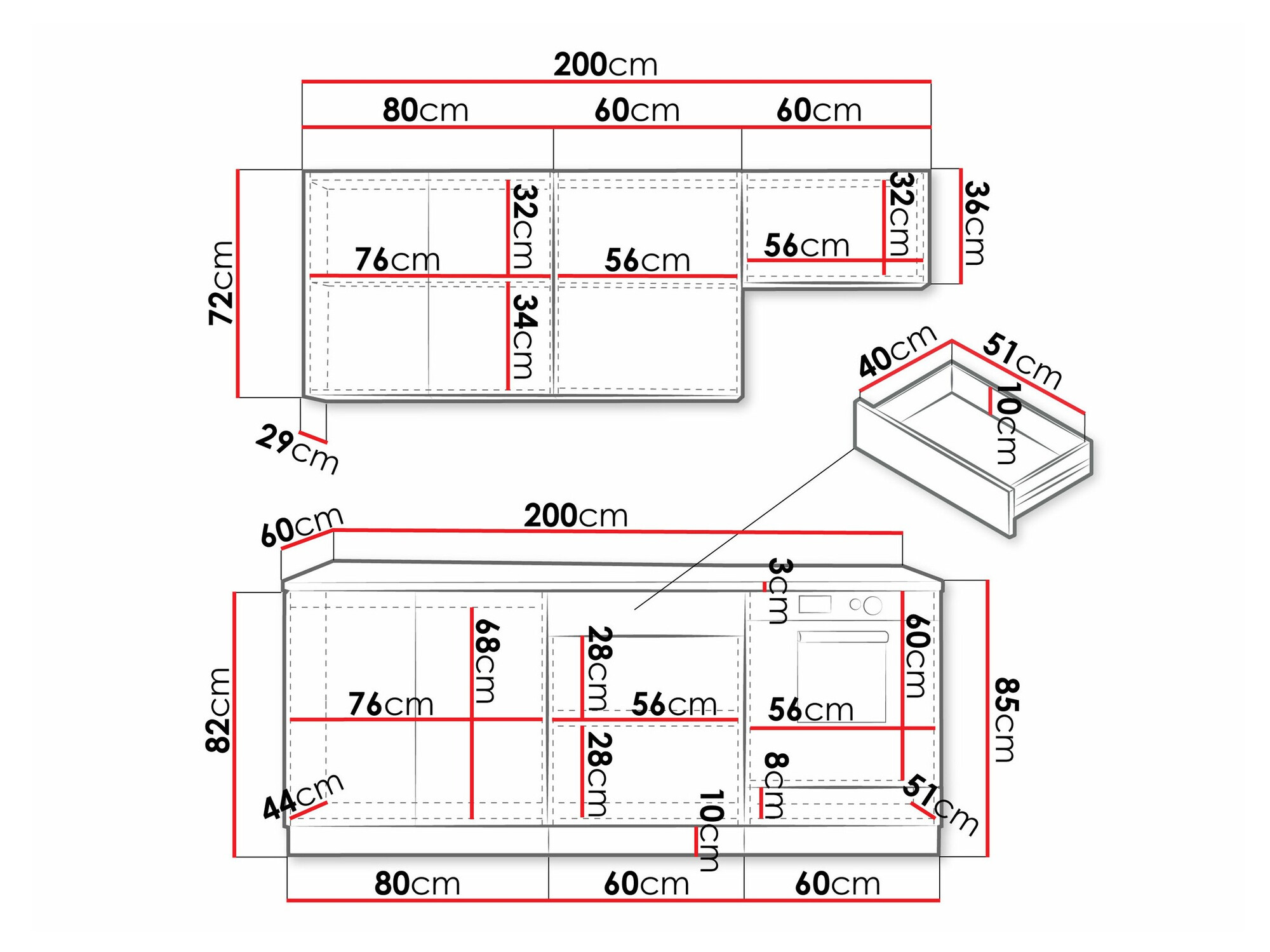 Kuhinjski set Trenton 180 (Crno + Zanatski hrast)