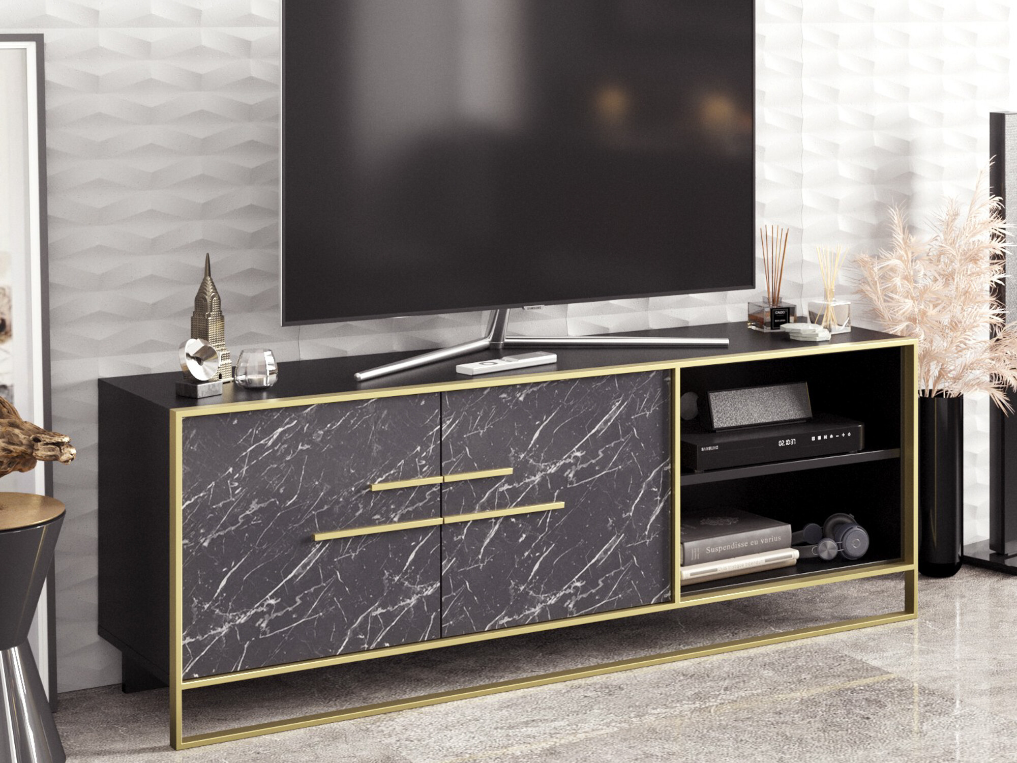 TV komoda Kailua 1169 (Zlatna + Crni mermer)