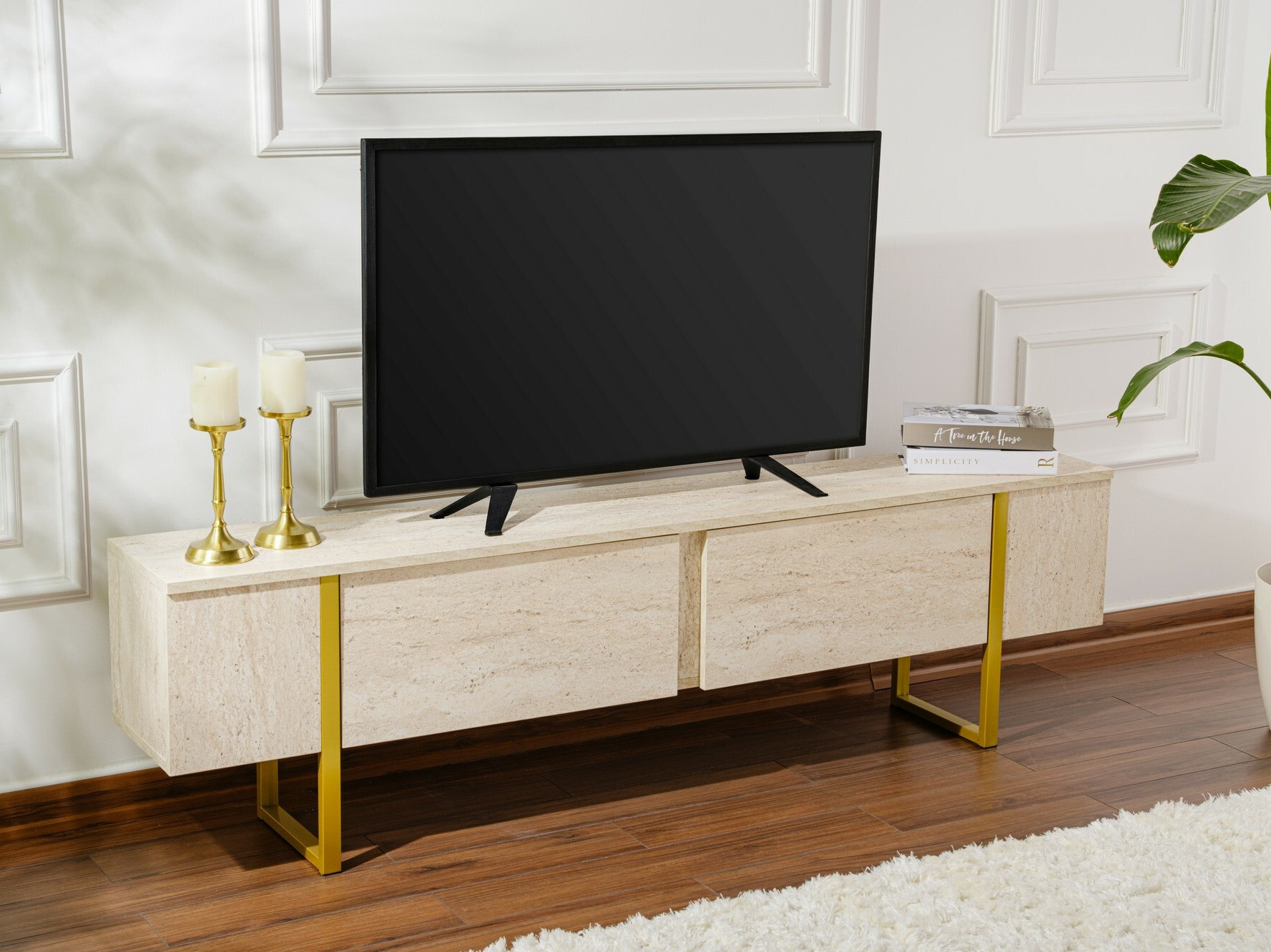 TV komoda Novato 105 (Svetlo Travertine + Zlatna)