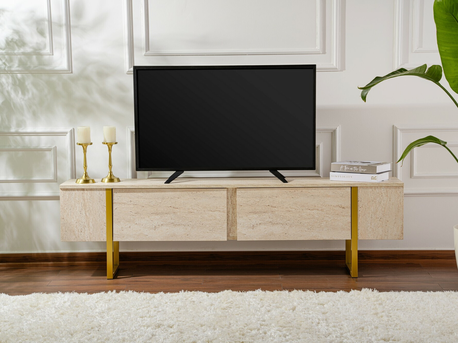 TV komoda Novato 105 (Svetlo Travertine + Zlatna)