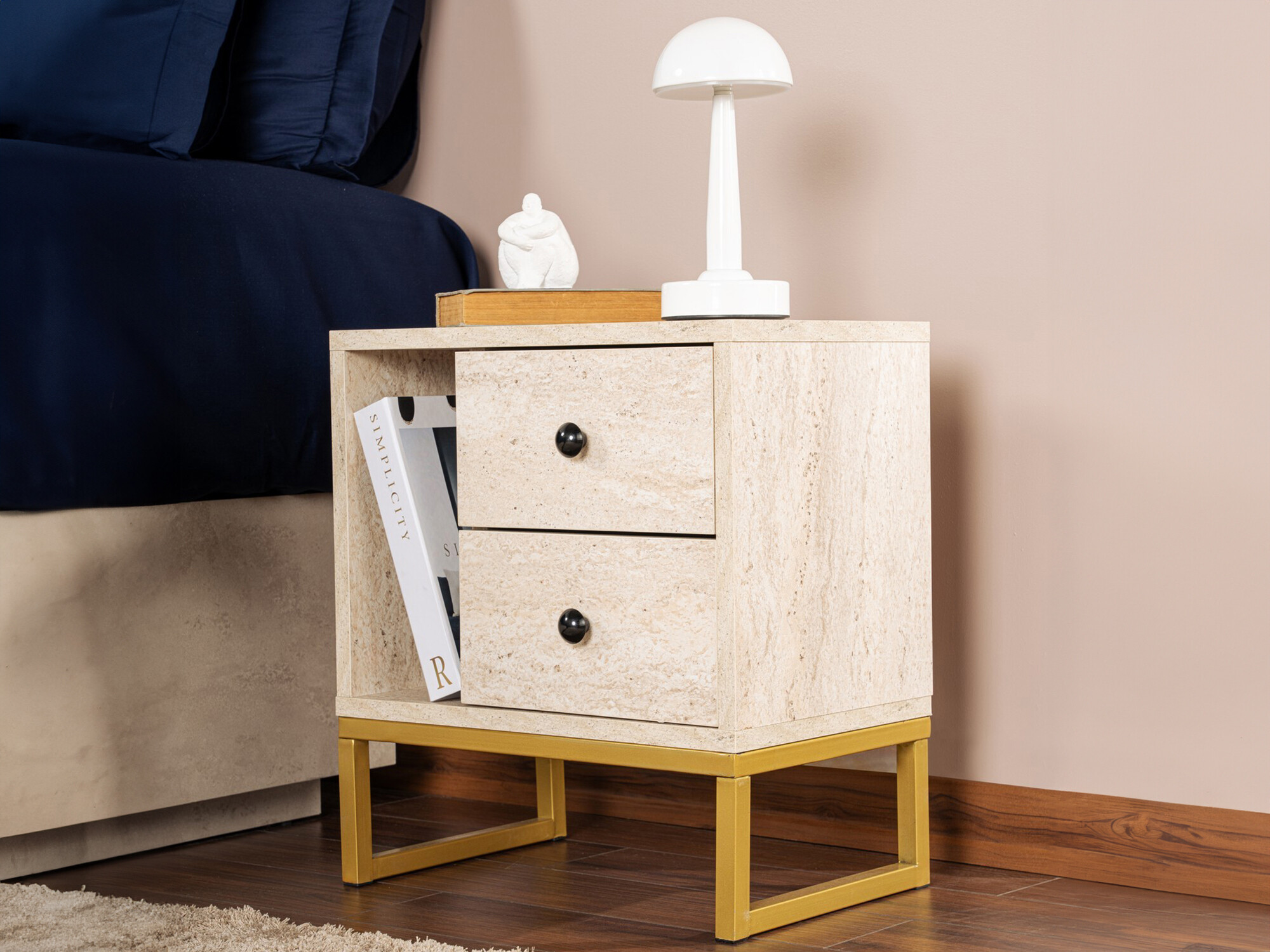 Noćni ormarić Novato 109 (Svetlo Travertine + Zlatna)