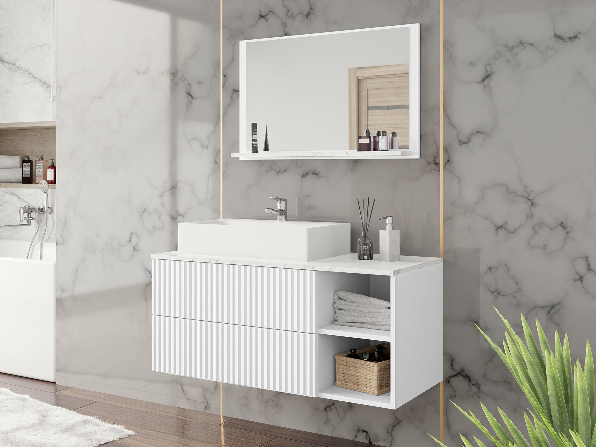 Set za kupatilo Nauta (Belo + Beli mermer)