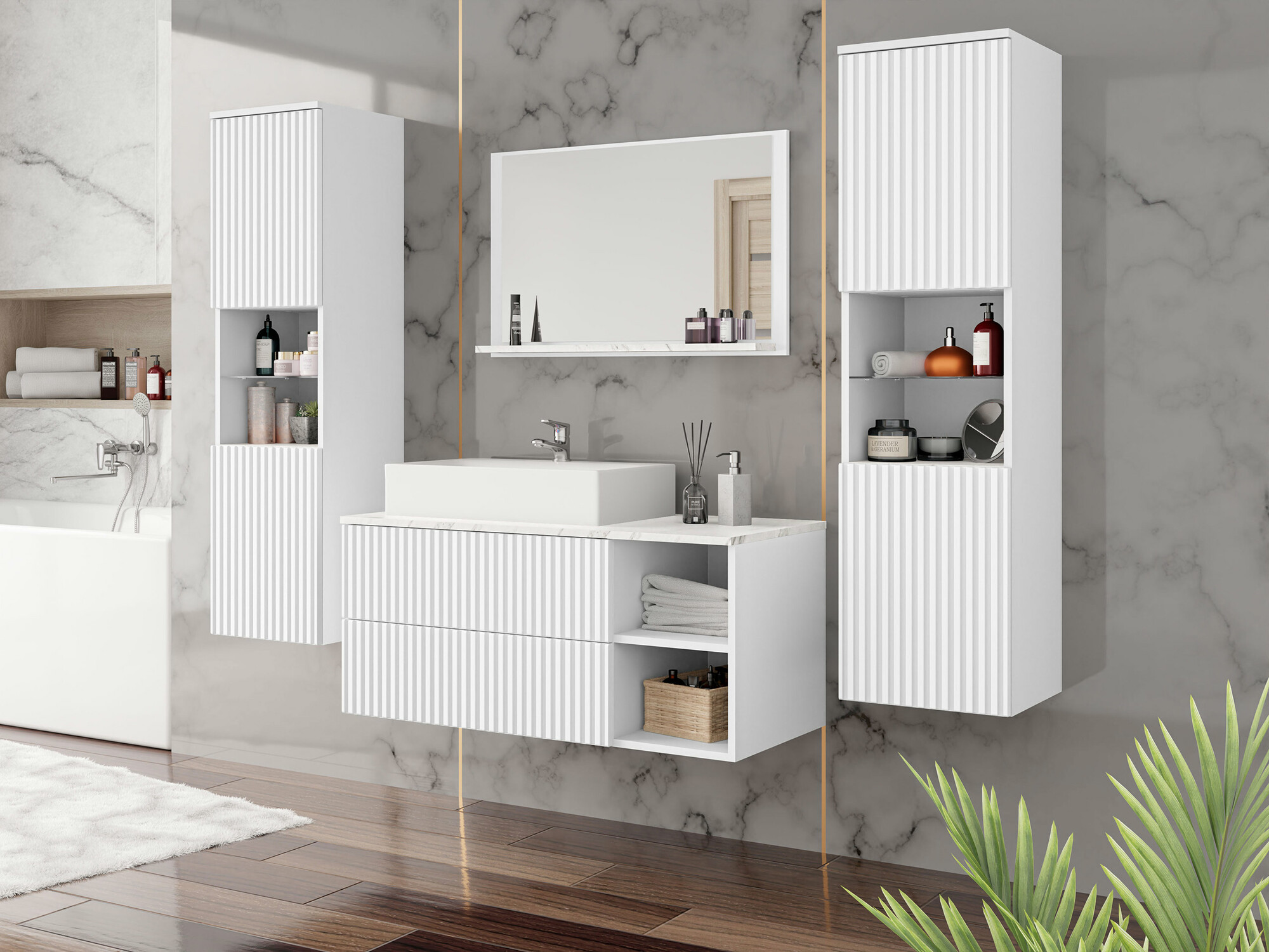 Set za kupatilo Nauta II (Belo + Beli mermer)