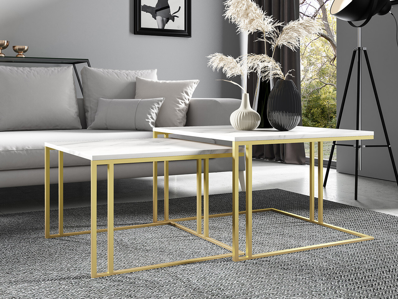 Set stočića za kafu Oswego 110 (Beli mermer + Zlatan)