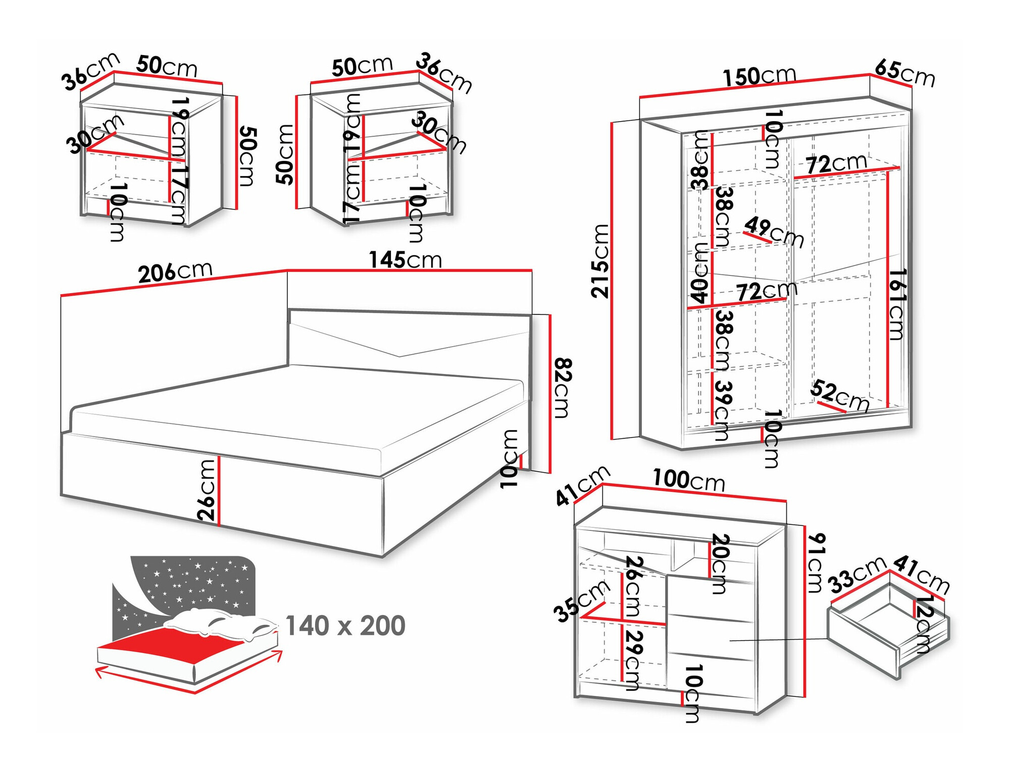Set spavaća soba Tenreme 108 (Hrast + Crno)