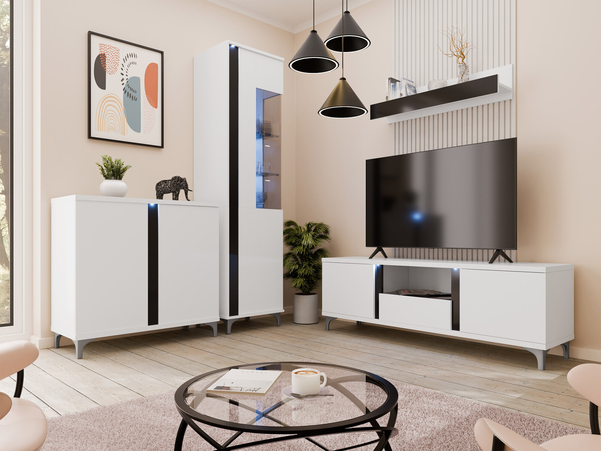 TV sto Livseri 113 (Belo + Sjajno belo + Crna visoki sjaj)