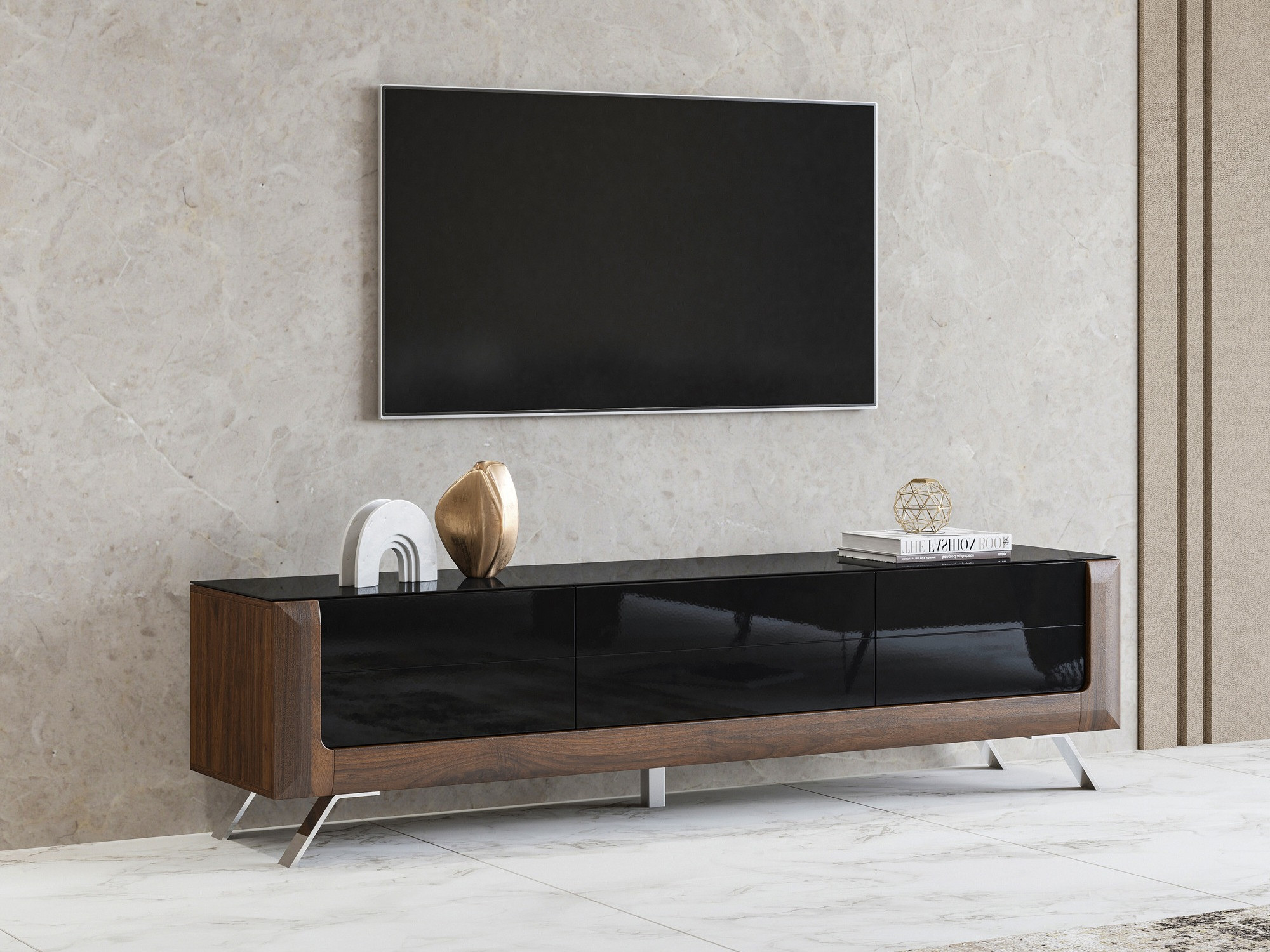 TV komoda Sovera 104 (Orah + Sjajno crna)