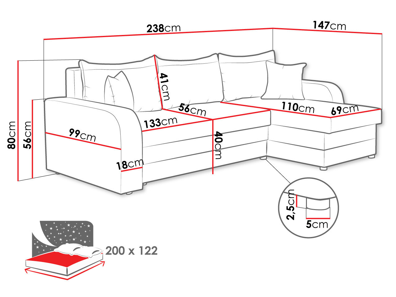 Ugaona sofa Comfivo 135 (Lux 06 + Lux 05)