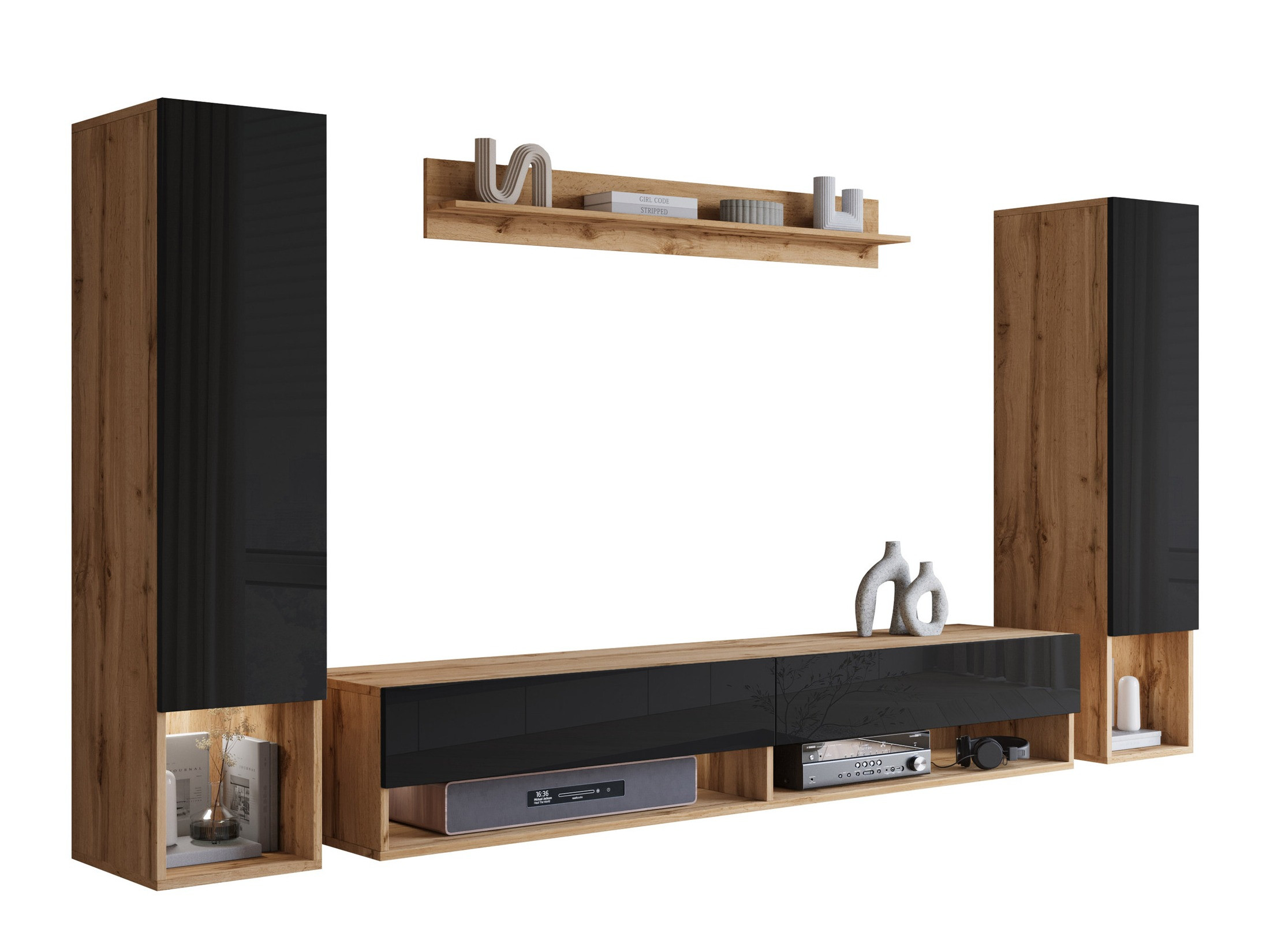 Set za dnevnu sobu Sarasota 176 (Hrast Votan + Sjajno crna)