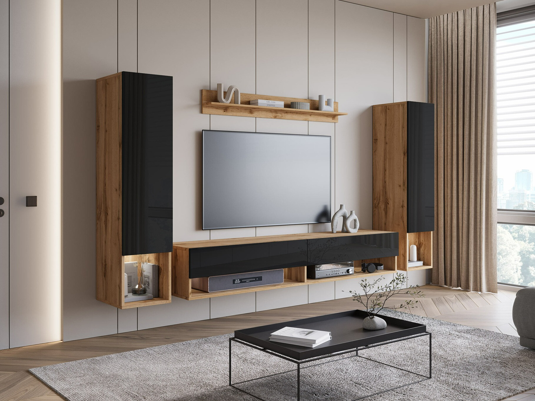 Set za dnevnu sobu Sarasota 176 (Вотан храст + Crna visoki sjaj)