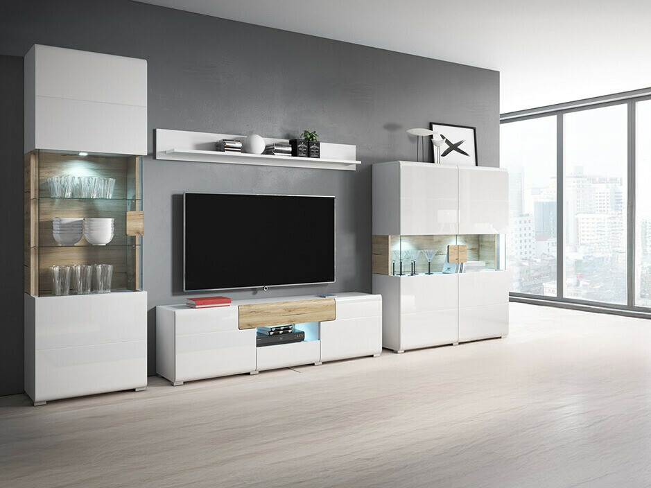 Set za dnevnu sobu Torsone 104 (Belo + Sjajno belo + Hrast San Remo)