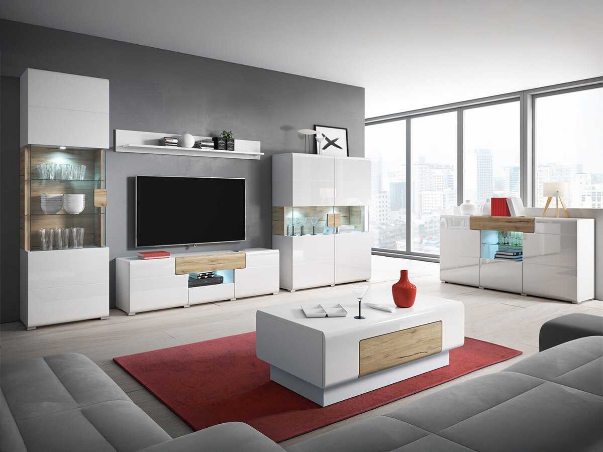 TV komoda Torsone 101 (Belo + Sjajno belo + Hrast San Remo)