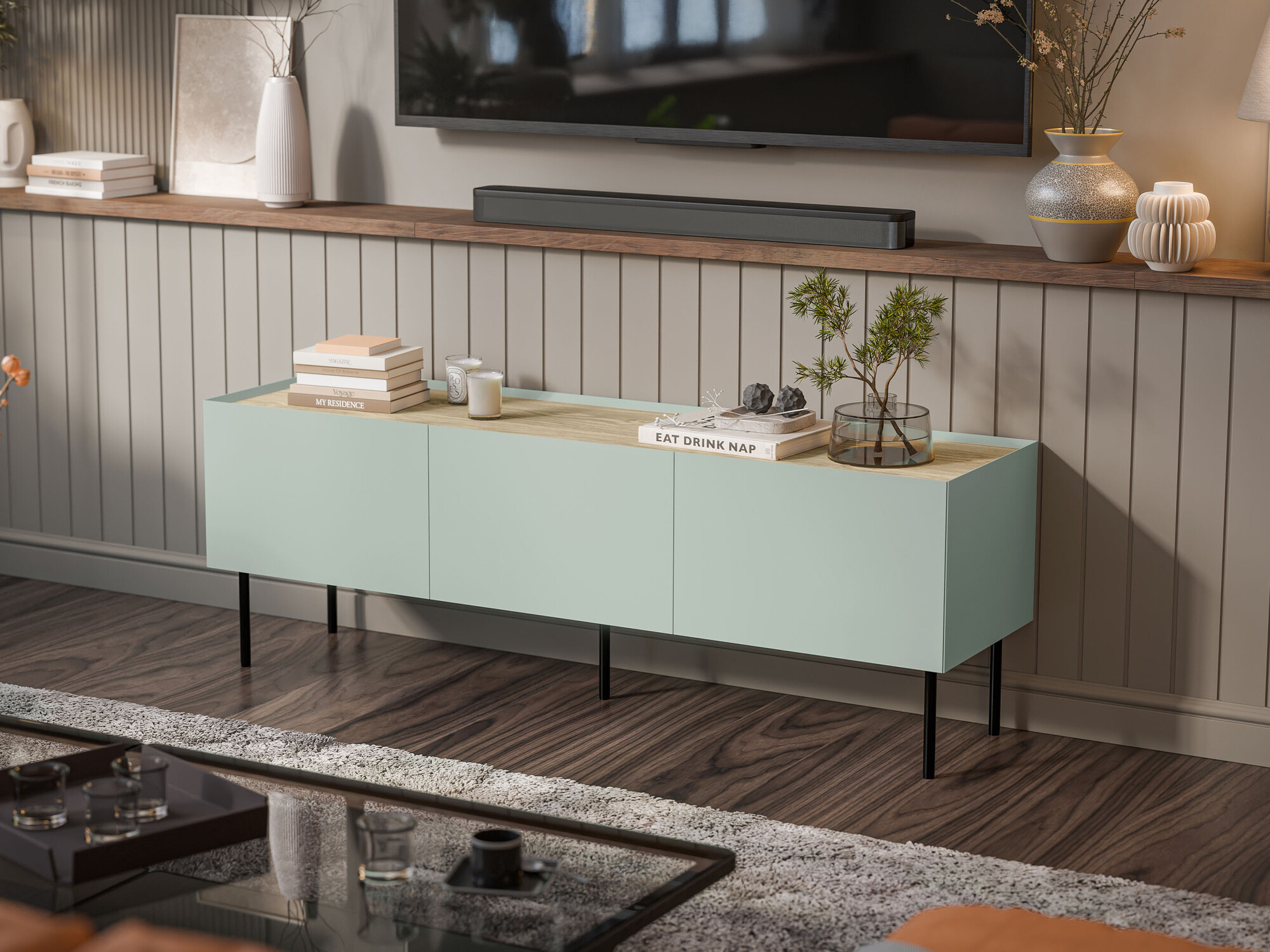 TV komoda Melbela 106 (Svetlo maslinovo drvo + Hrast)