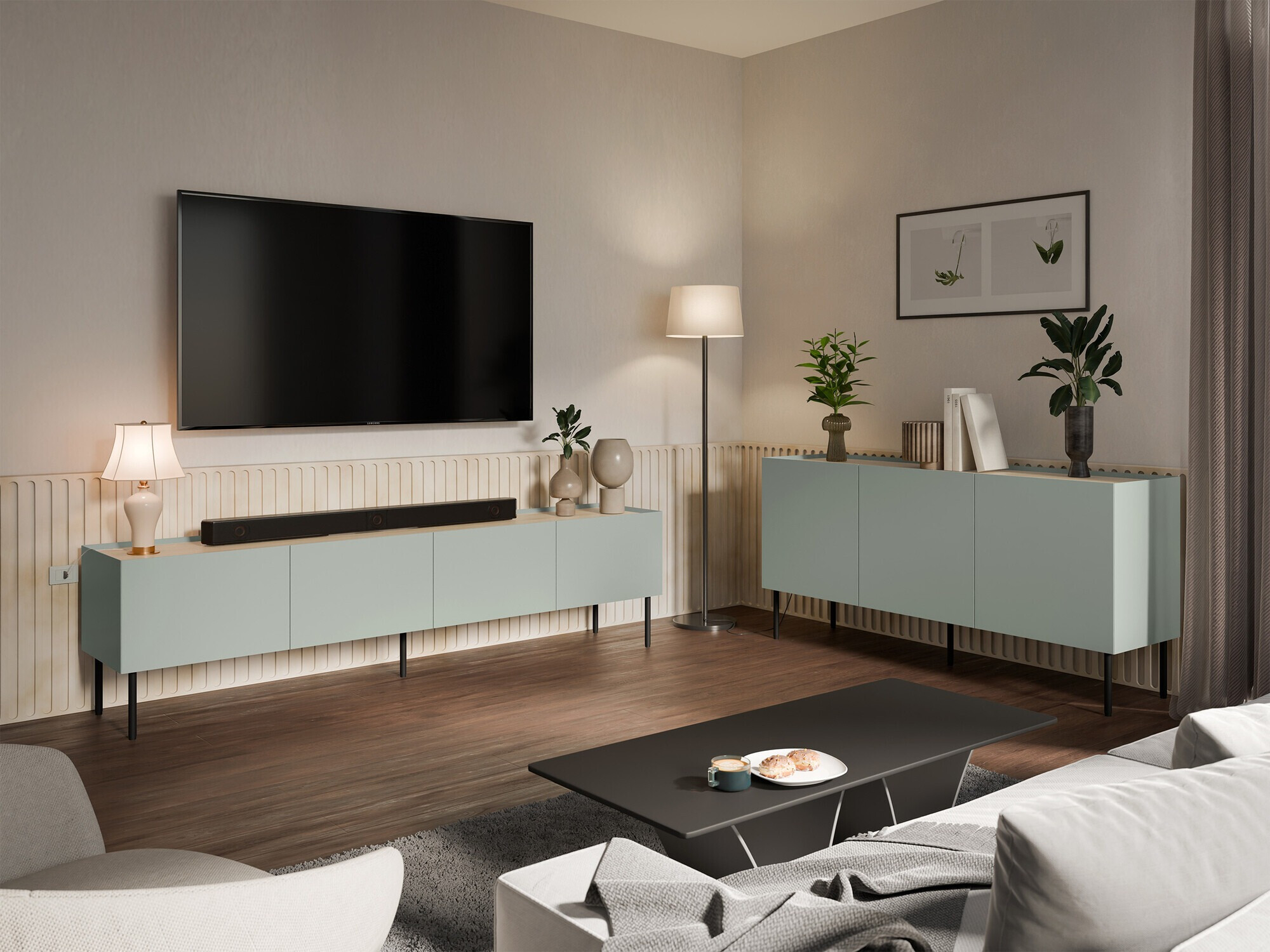 TV komoda Melbela 107 (Svetlo maslinovo drvo + Hrast)