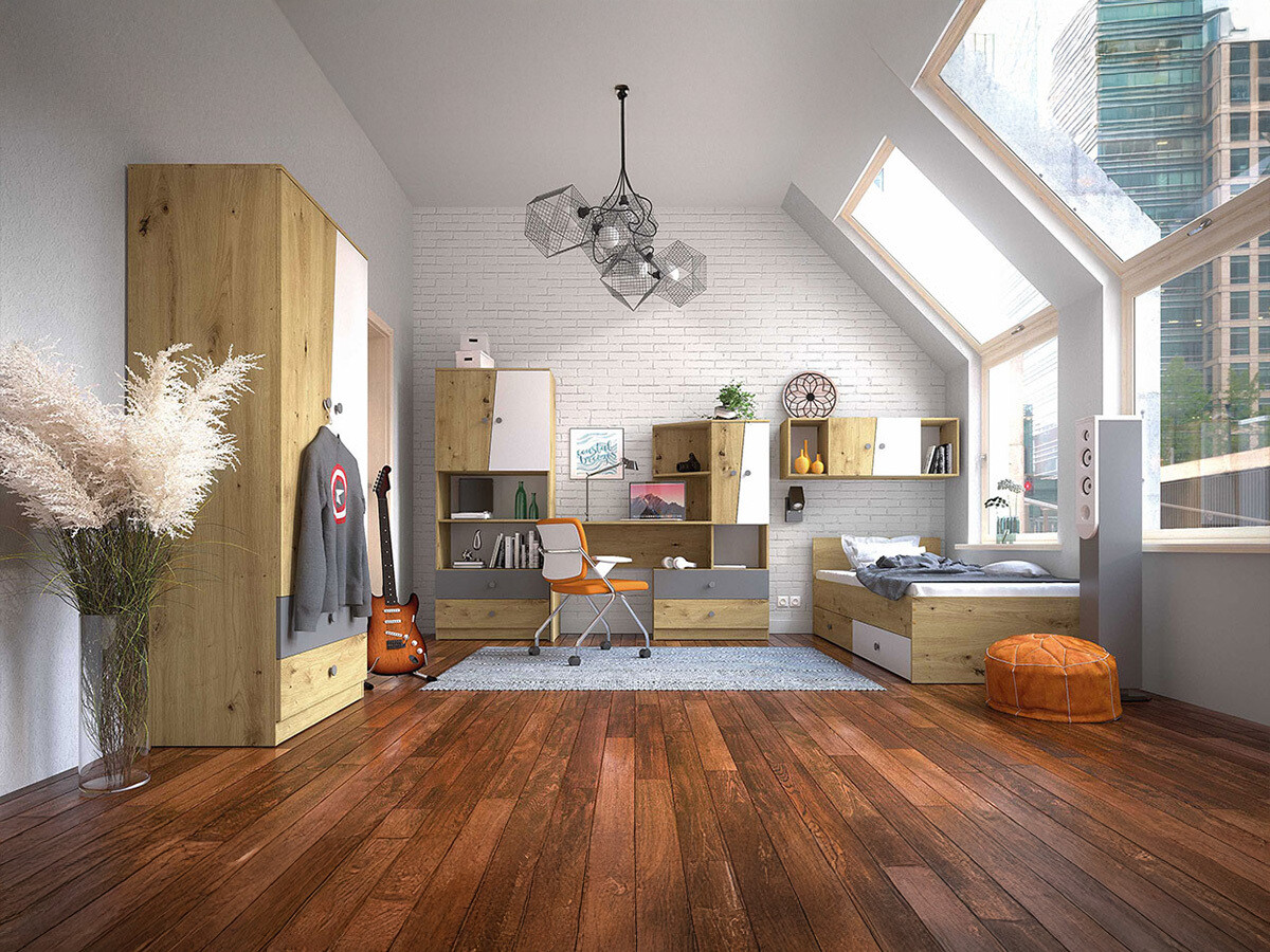 Set nameštaja Almira 114 (Zanatski hrast + Belo + Sivo)