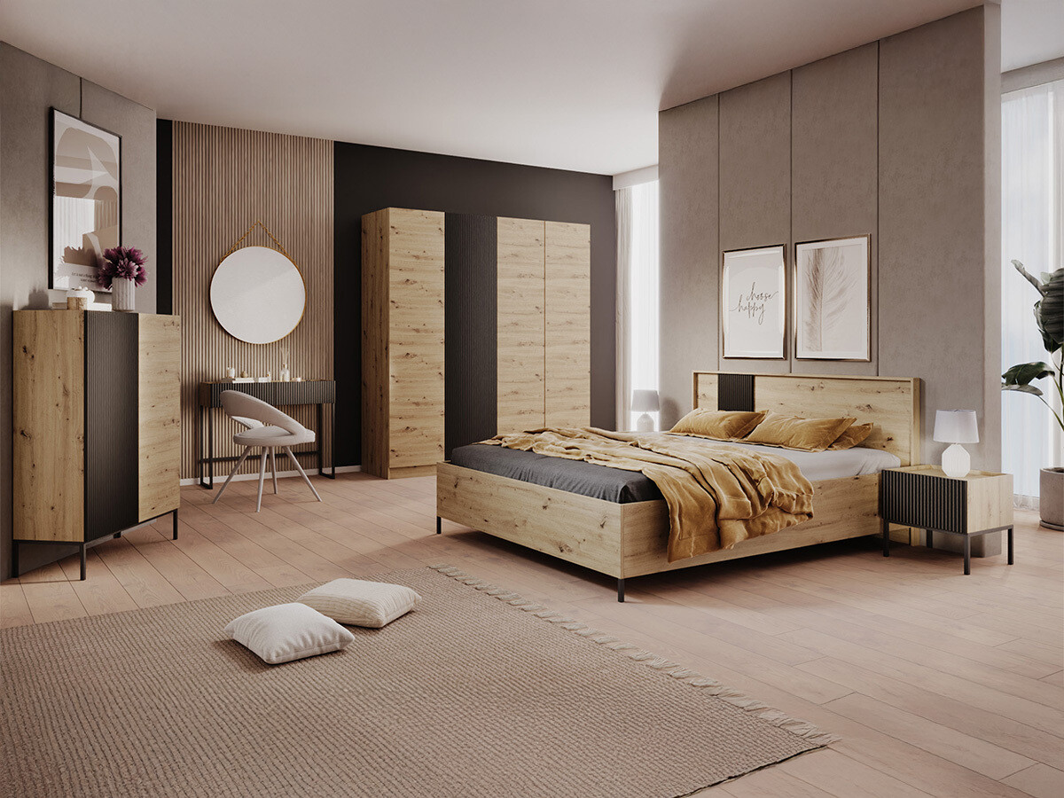 Set spavaća soba Lunole 111 (Zanatski hrast + Crno)