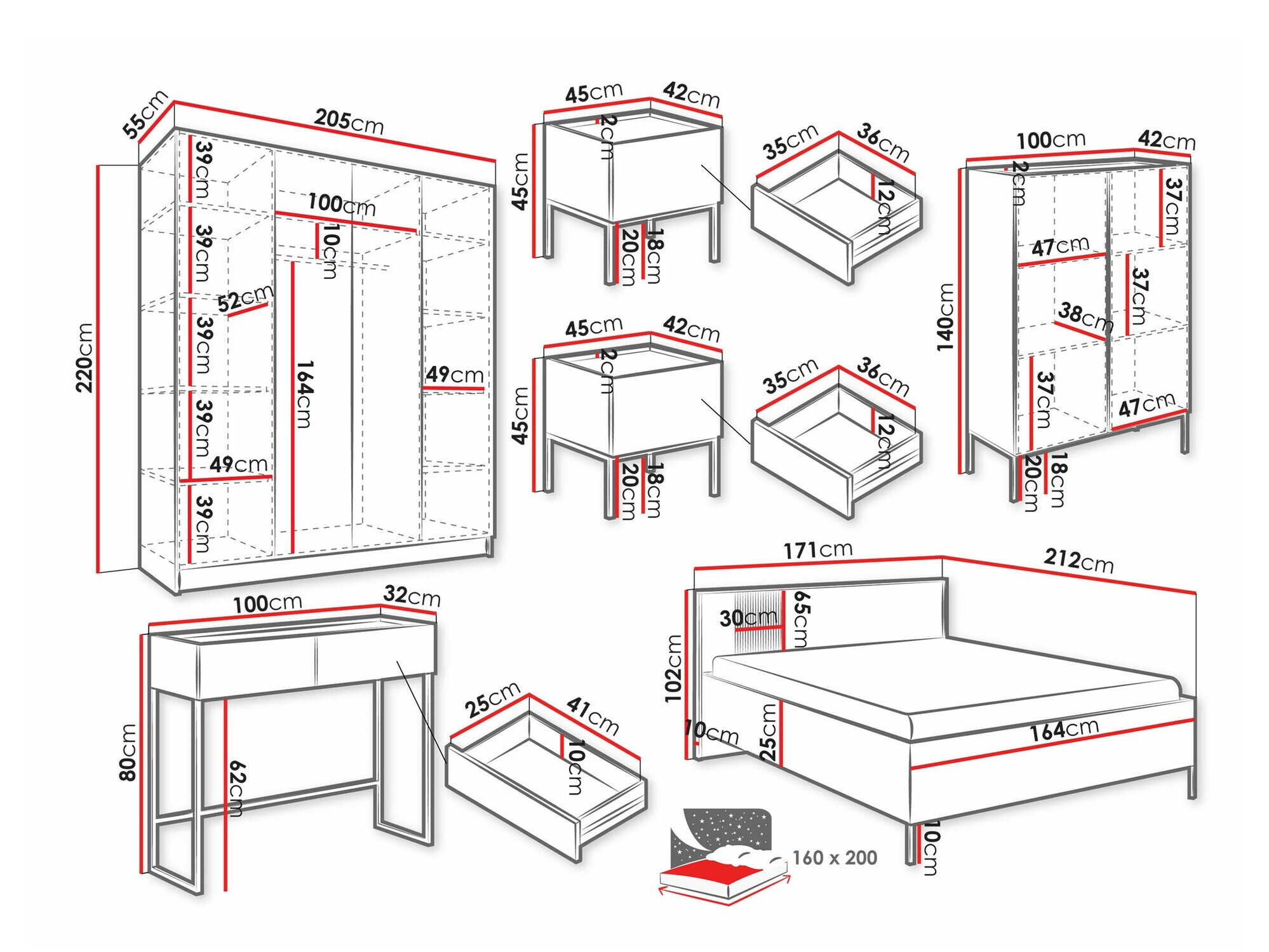 Set spavaća soba Lunole 111 (Zanatski hrast + Crno)