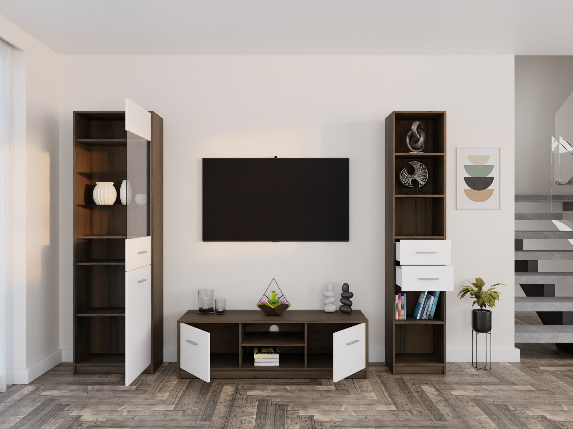 Set za dnevnu sobu Novsore 163 (Tamni hrast + Belo)