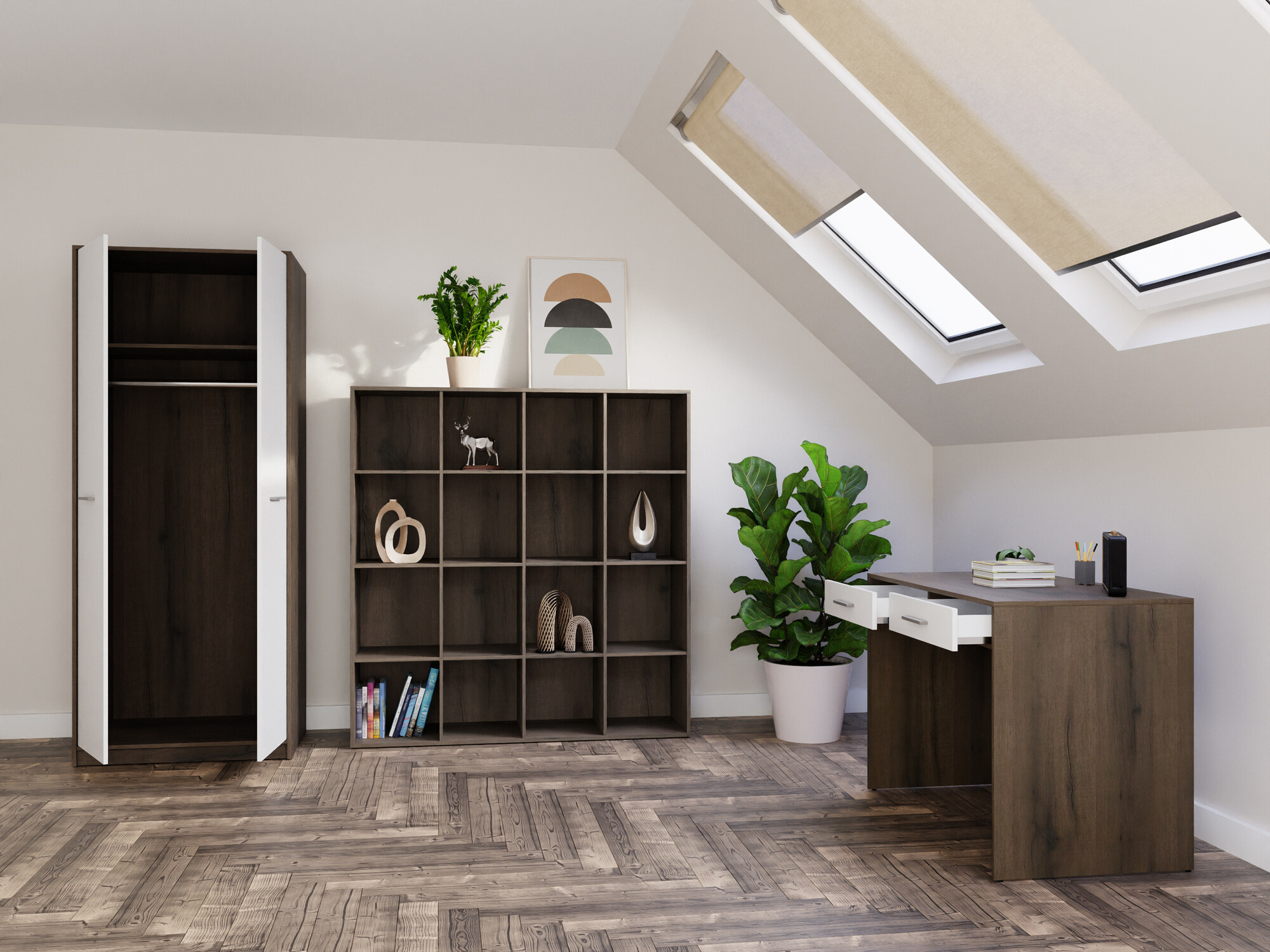 Set za kućnu kancelariju Novsore 166 (Tamni hrast + Belo)