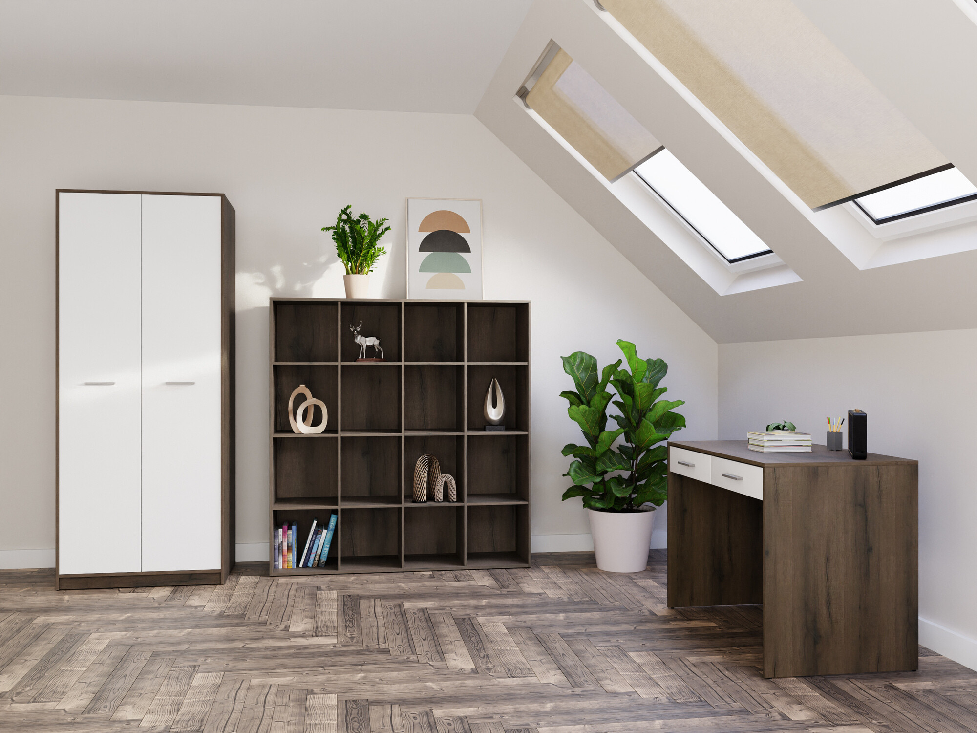 Set za kućnu kancelariju Novsore 166 (Tamni hrast + Belo)