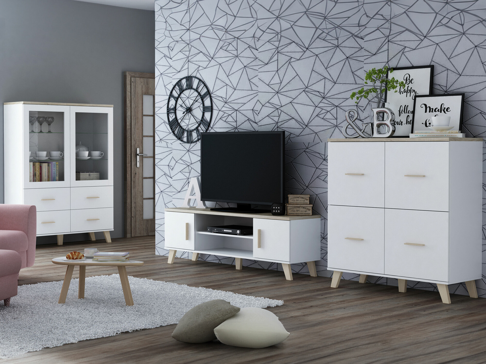 Set za dnevnu sobu Larfloi 113 (Belo + Sonoma hrast)