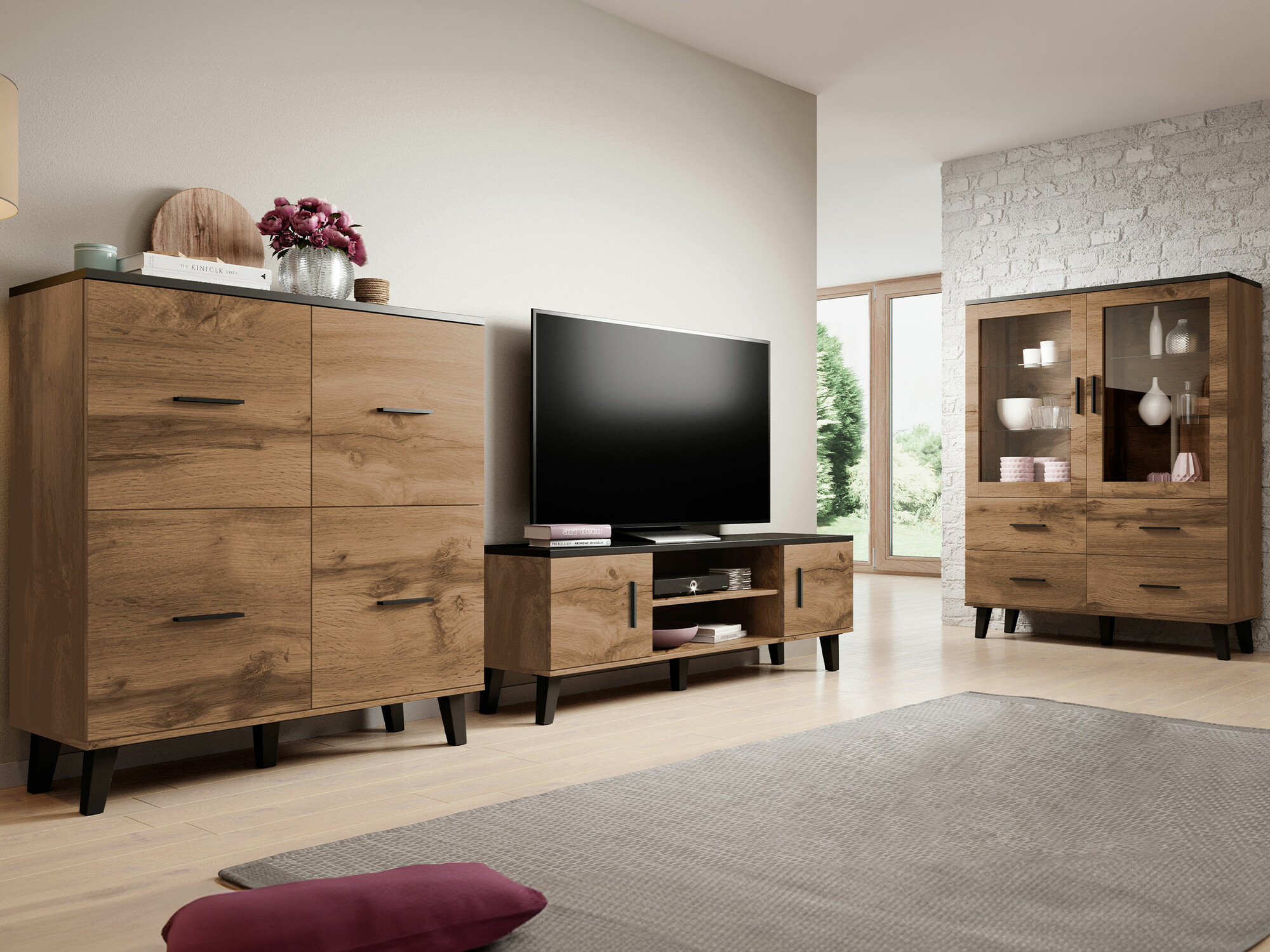 Set za dnevnu sobu Larfloi 113 (Hrast Votan + Crno)