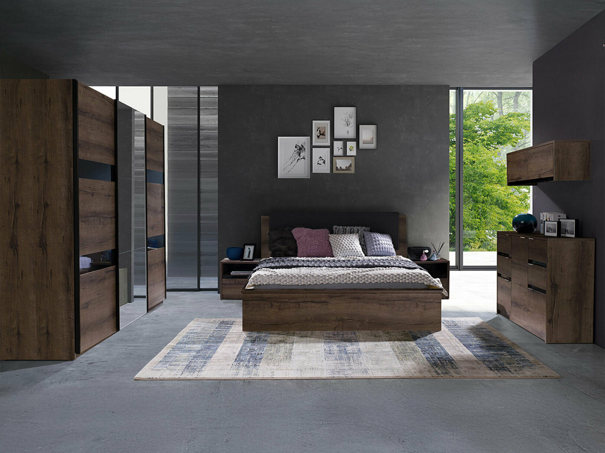 Set spavaća soba Fivelbo 120 (Manastirski hrast + Crna visoki sjaj)