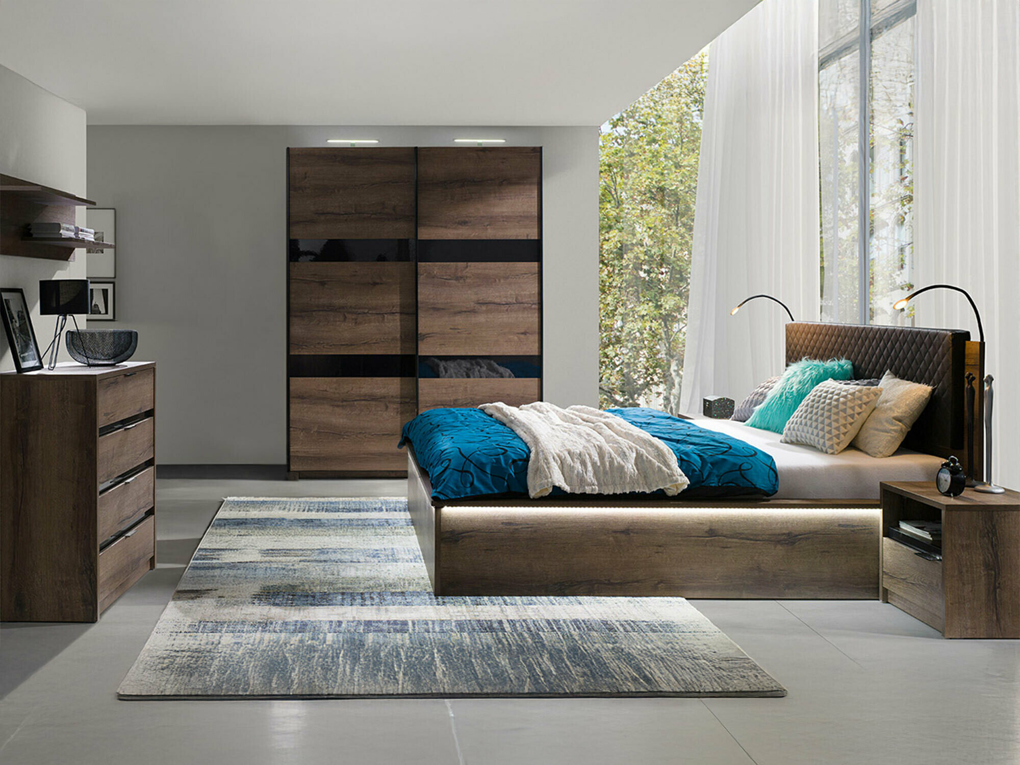 Set spavaća soba Fivelbo 121 (Manastirski hrast + Crna visoki sjaj)