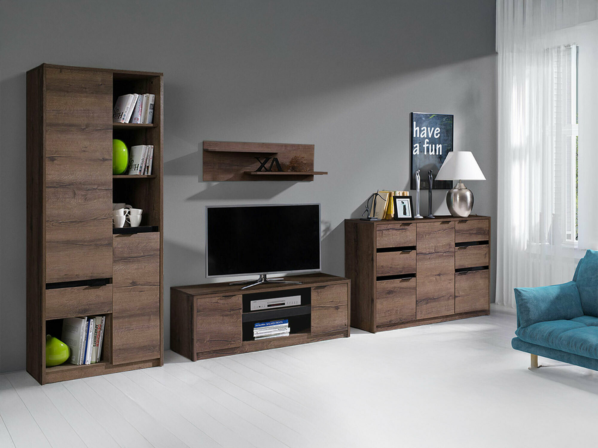 Set za dnevnu sobu Fivelbo 117 (Manastirski hrast + Crna visoki sjaj)