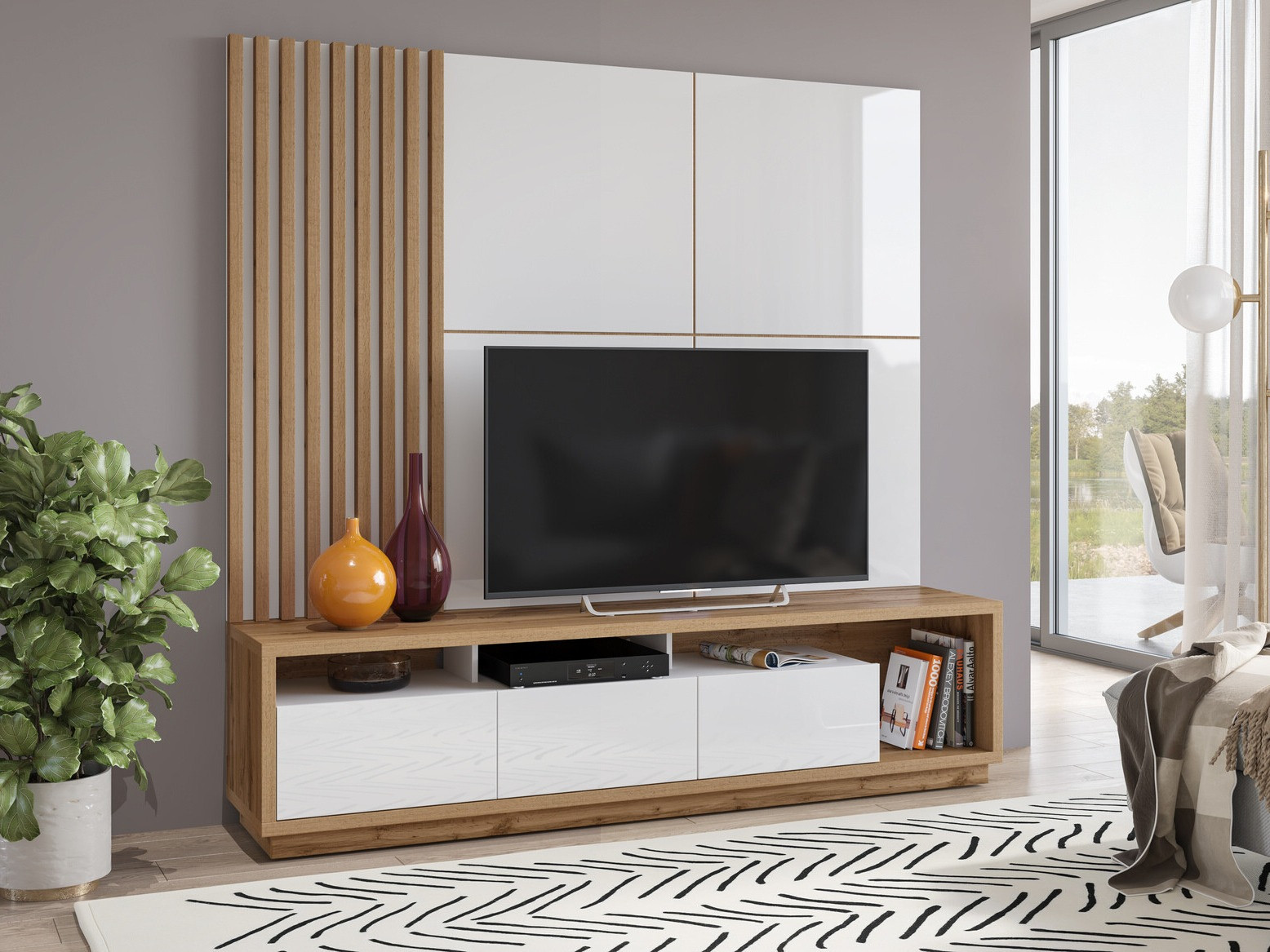 Set za dnevnu sobu Austin 360 (Hrast Votan + Belo + Sjajno belo)