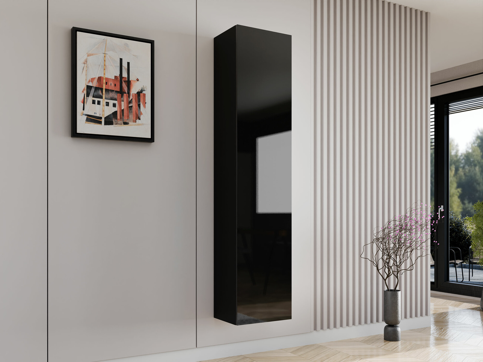 Zidna polica Venenou 128 (Crno + Crna visoki sjaj)