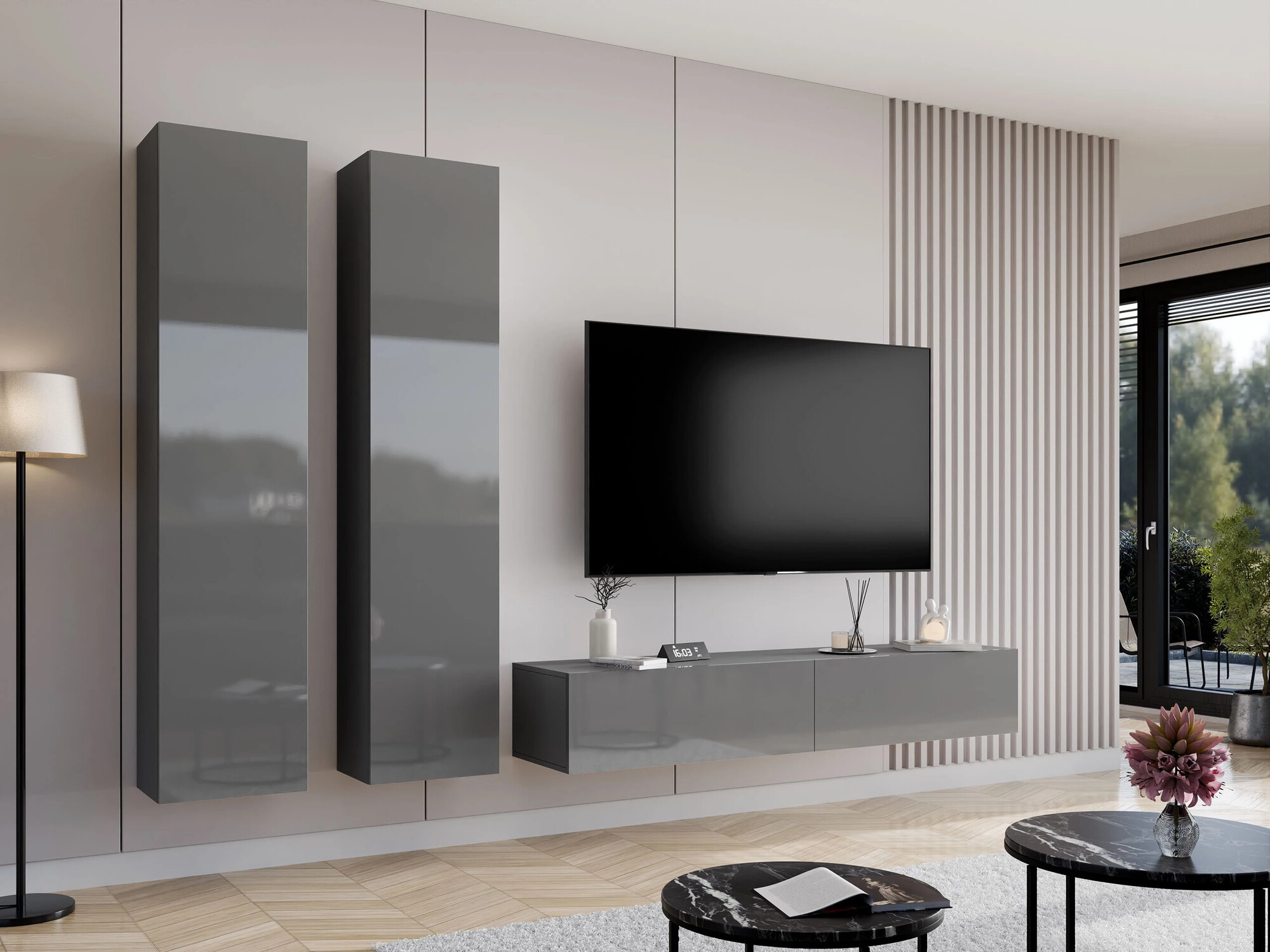 Set za dnevnu sobu Venenou 103 (Sivo + Sjajna siva)