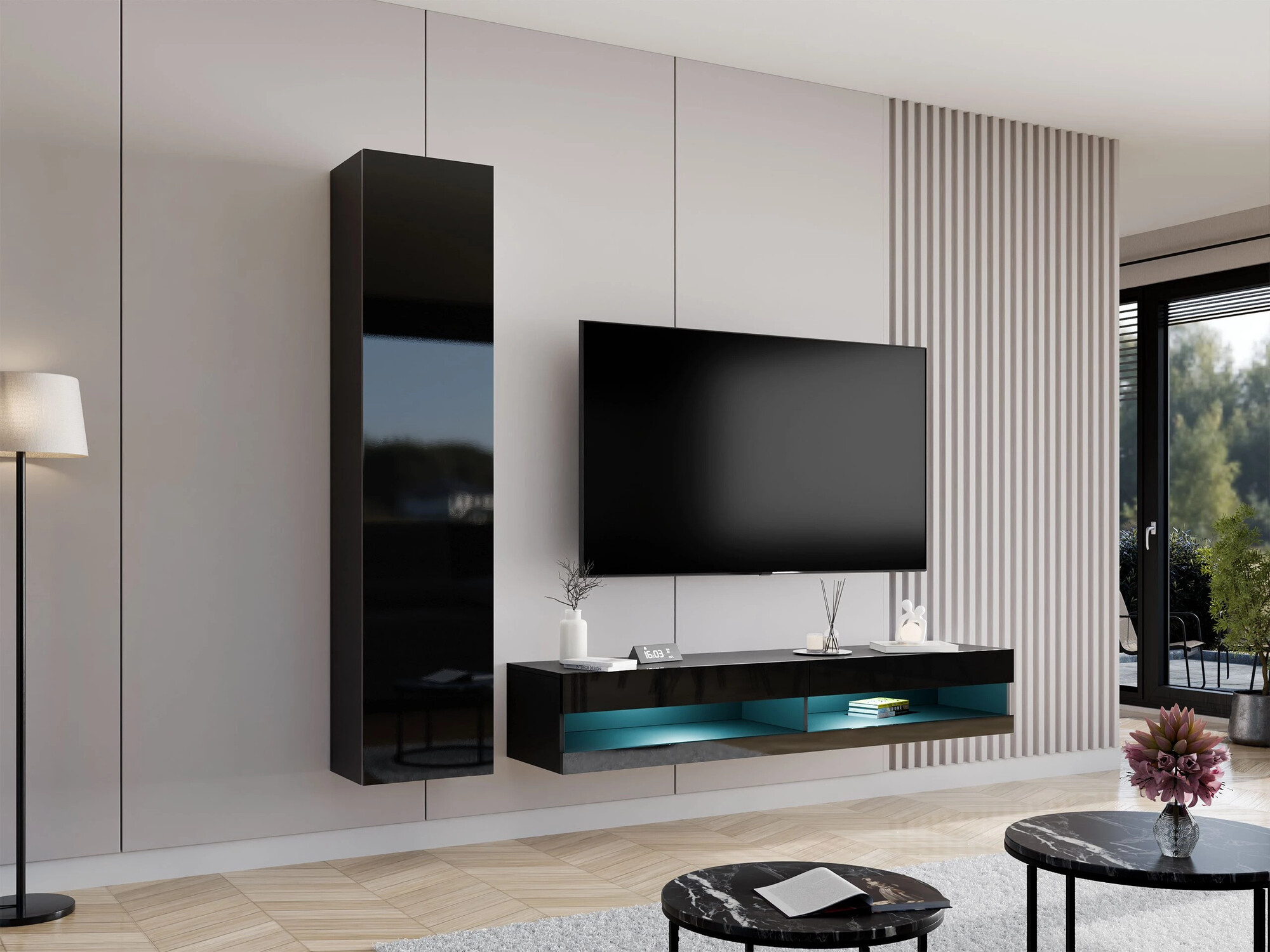 Set za dnevnu sobu Venenou 114 (Crno + Crna visoki sjaj)