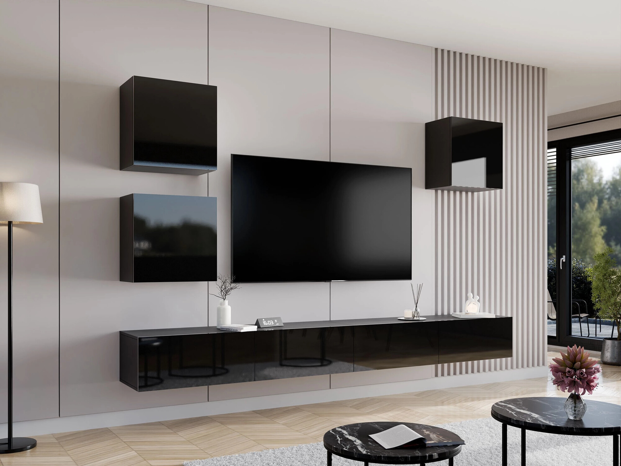 Set za dnevnu sobu Vilrin III (Crno + Sjajno crna)