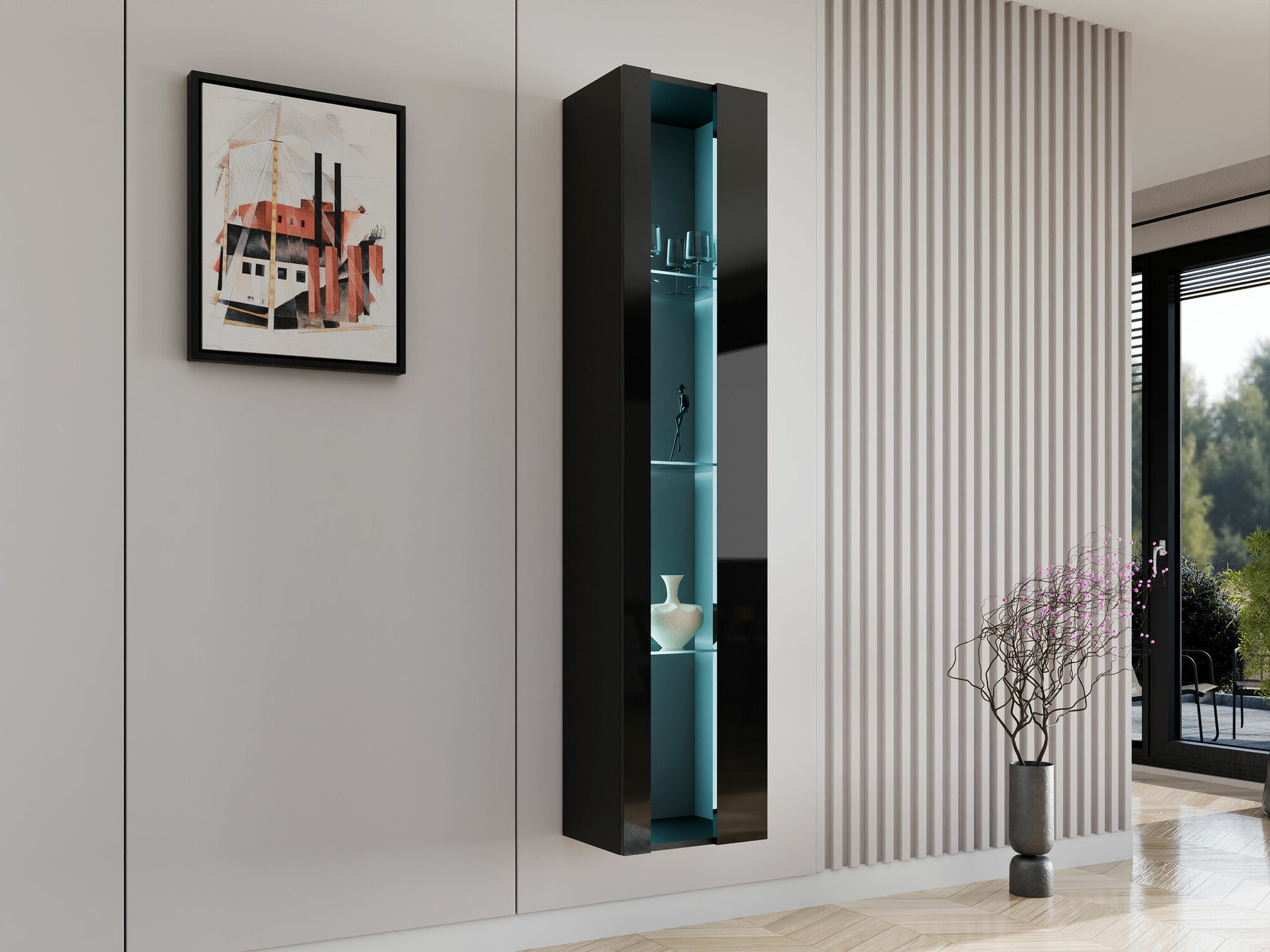 Zidna polica Venenou 130 (Crno + Crna visoki sjaj)