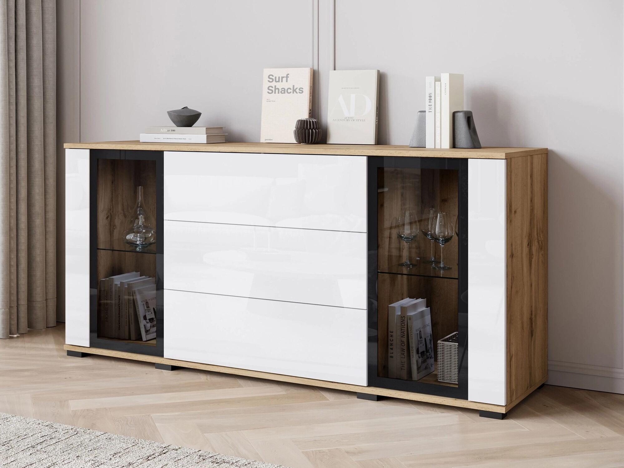 Komoda Torcame 101 (Вотан храст + Sjajno belo)