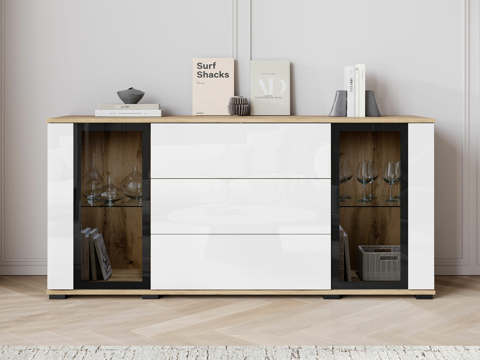 Komoda Torcame 101 (Вотан храст + Sjajno belo)