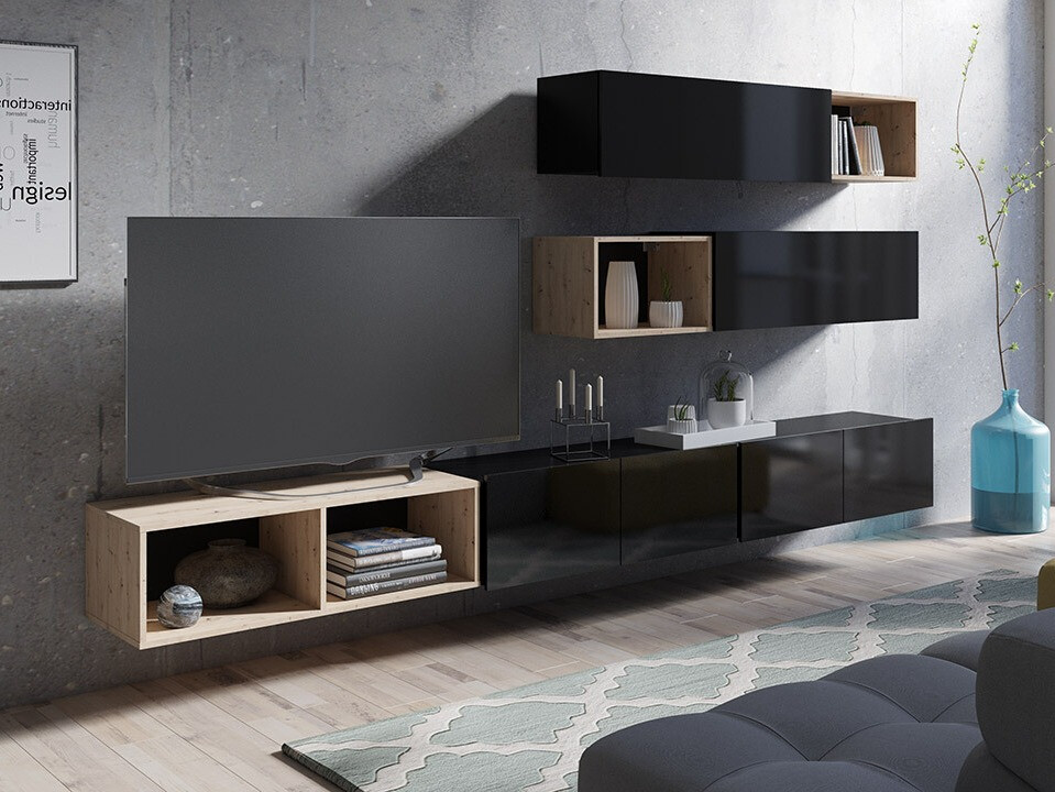 Set za dnevnu sobu Remus XXV (Crno + Sjajno crna + Artisan hrast)