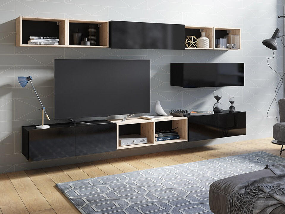 Set za dnevnu sobu Tivdalu 146 (Crno + Crna visoki sjaj + Zanatski hrast)