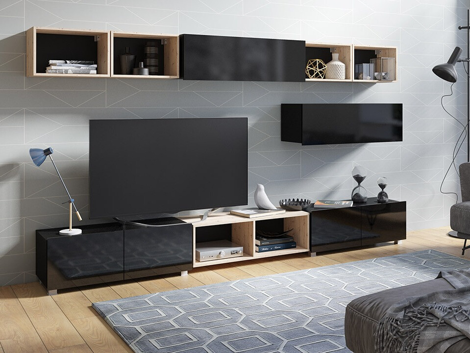 Set za dnevnu sobu Tivdalu 146 (Crno + Crna visoki sjaj + Zanatski hrast)