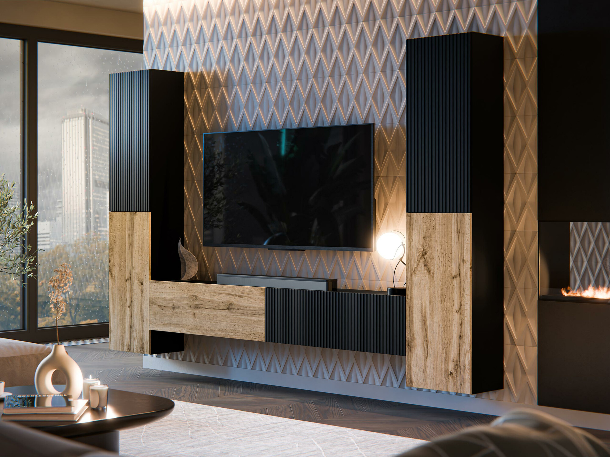 Set za dnevnu sobu Calveru 106 (Crno + Hrast Votan)