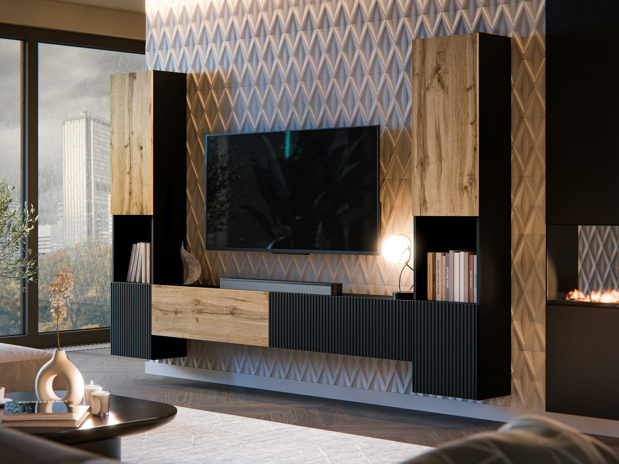 Set za dnevnu sobu Calveru 107 (Crno + Вотан храст)